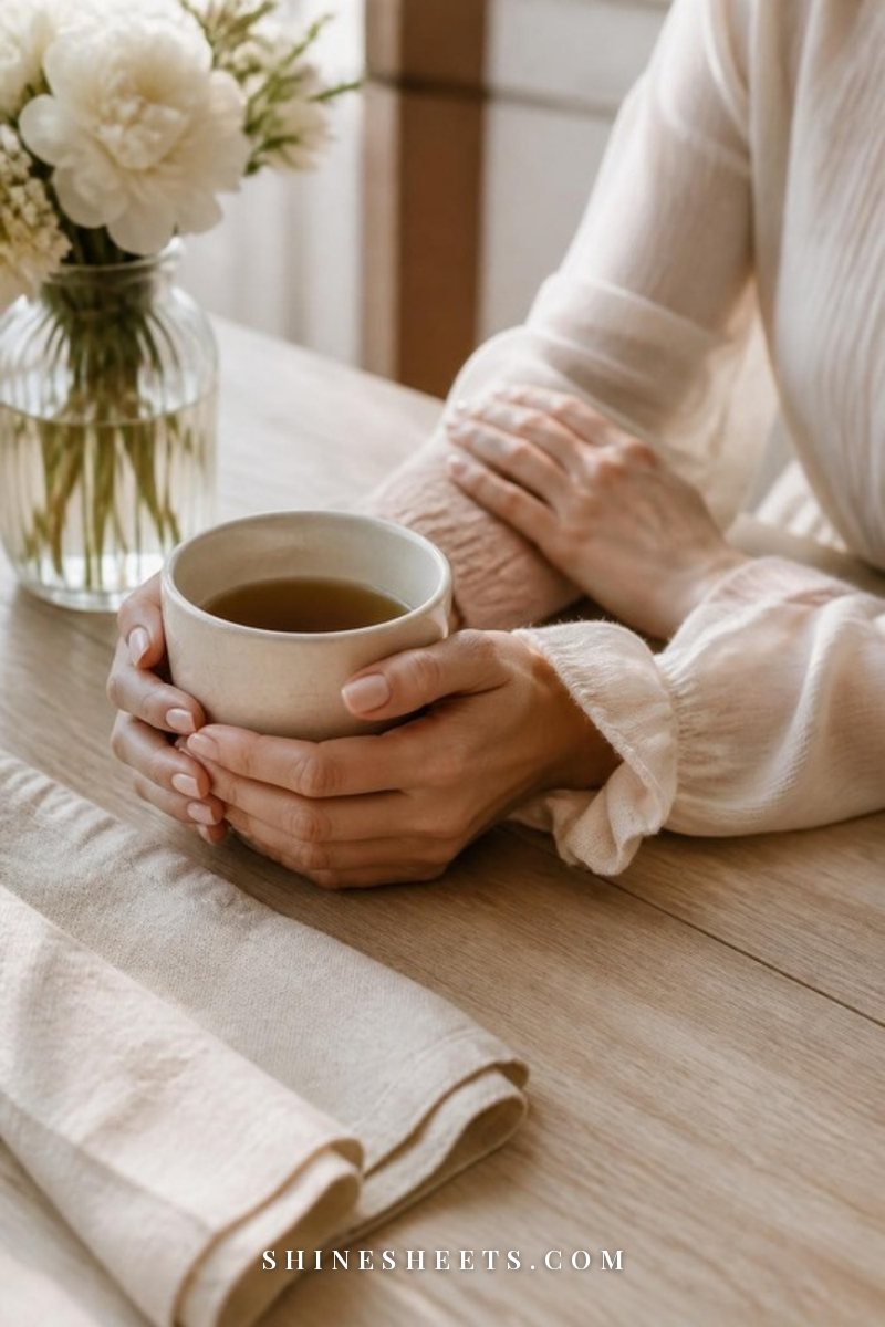 Two women's hands on a wooden kitchen table, one holding a cream ceramic mug of tea, the other resting gently on her forearm, a soft knit sleeve and a linen napkin nearby