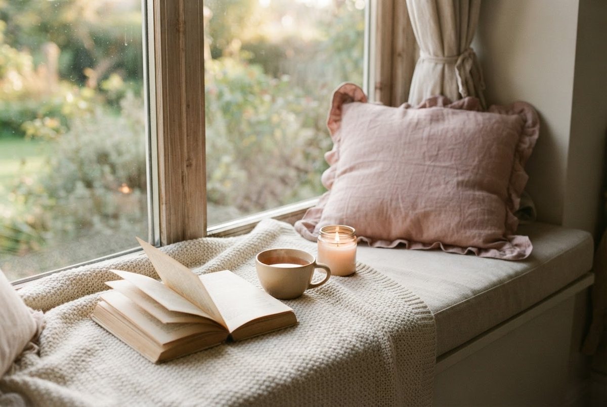 Cream knit throw, an open book, a lit glass candle and a cup of tea on a linen window seat in soft afternoon light