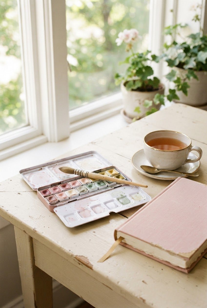 Pastel watercolor set, a blush journal and a cup of tea on a cream wooden table by a sunny window