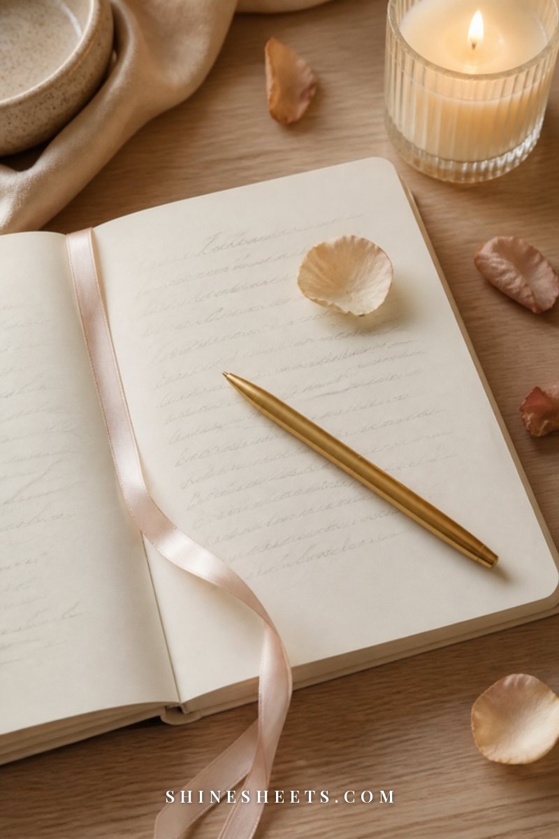 Cream notebook open on a light wooden desk with soft illegible pencil notes, a gold pen and a small glass candle
