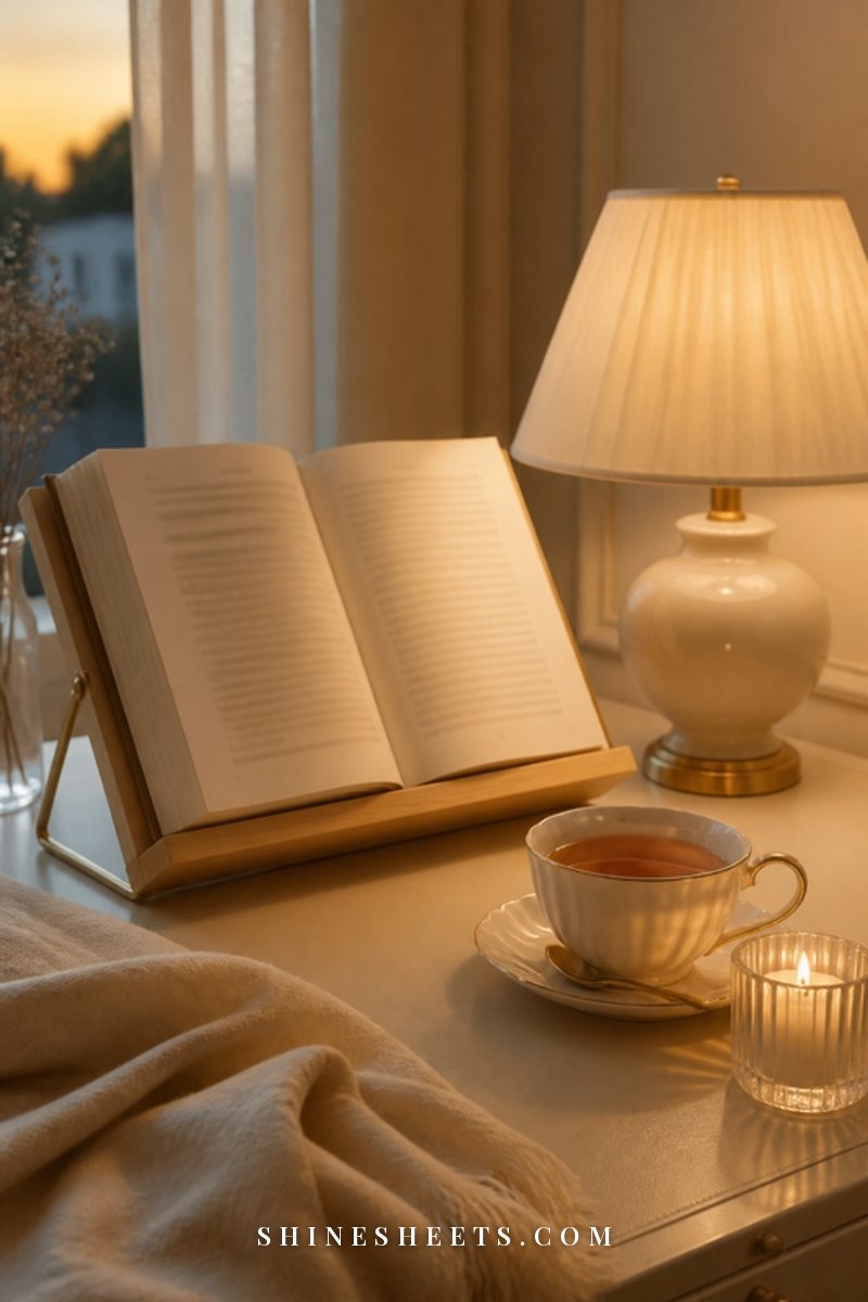 Open book resting on a wooden book stand beside a cream desk lamp and a cup of tea in warm evening light