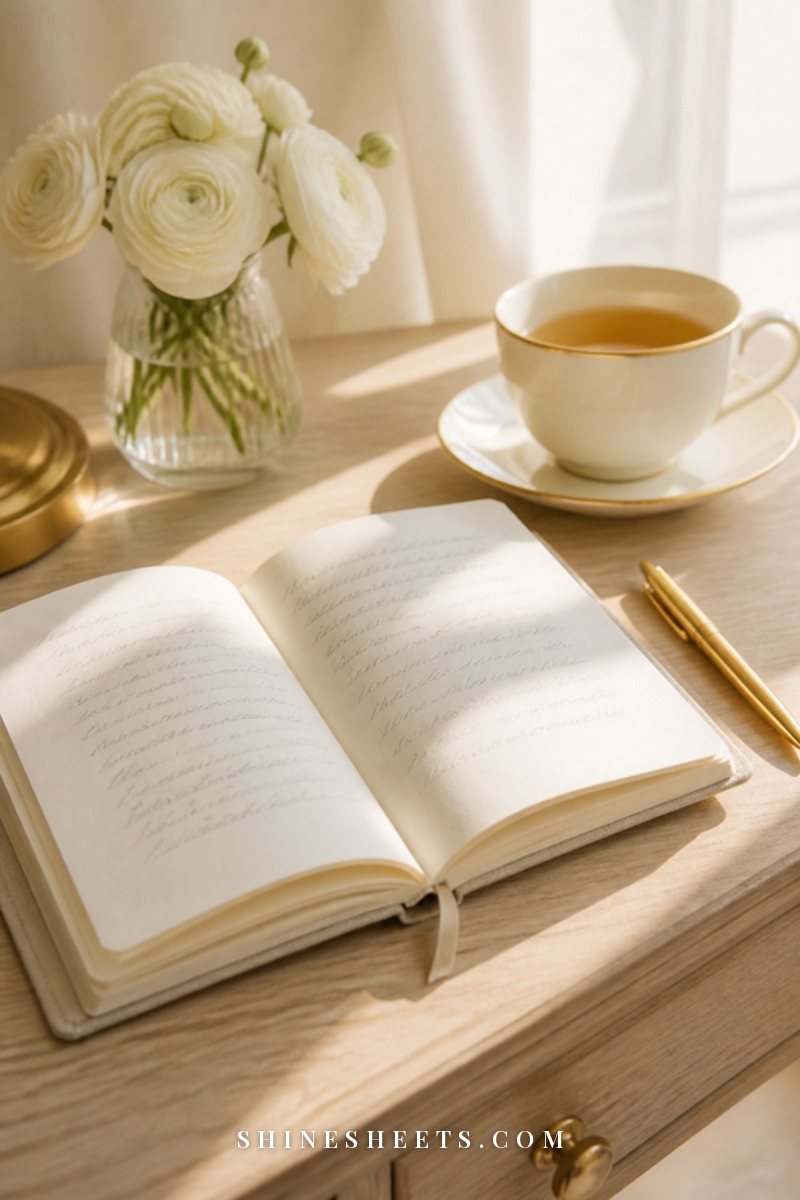 Open cream linen notebook with soft pencil scribbles, a cup of tea and a small vase of white flowers on a light oak desk