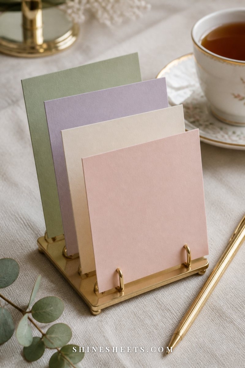 Pastel index cards in a small gold card holder beside a pen and a cup of tea on a cream linen tablecloth
