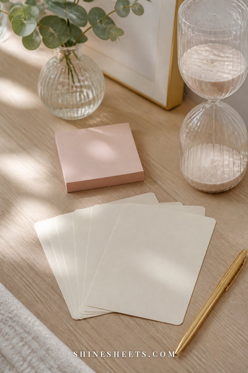 Blank cream index cards, a glass sand timer and a gold pen arranged on a light oak desk in soft morning light