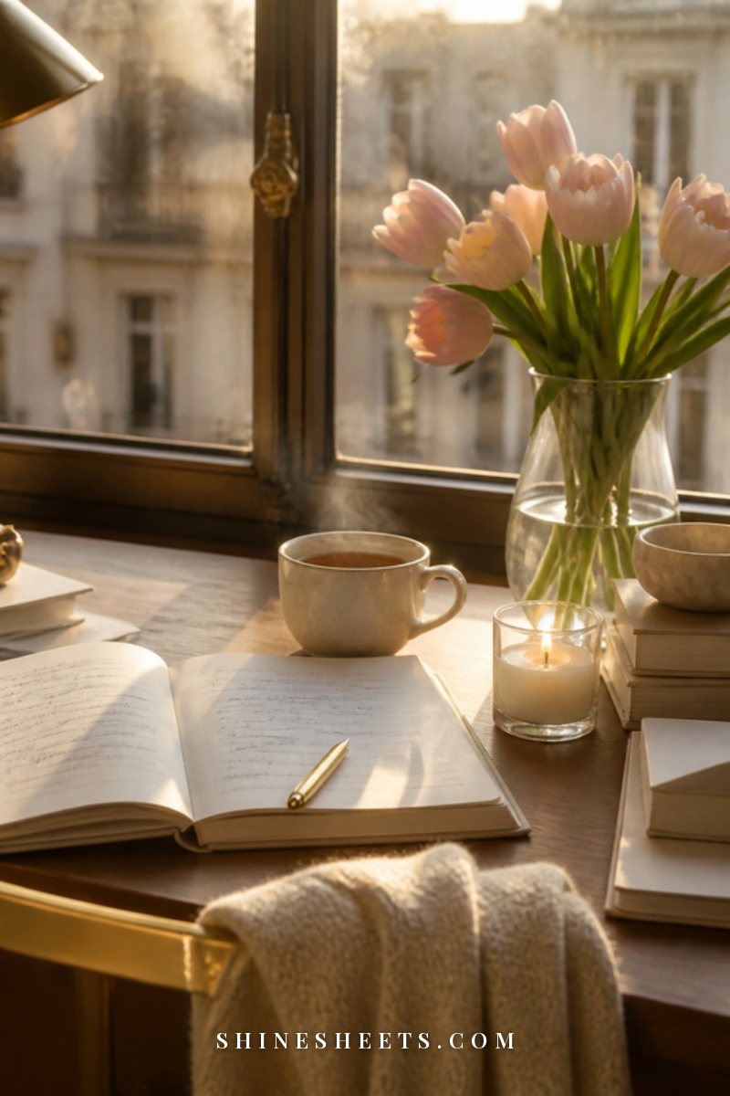 Calm weekend desk with an open notebook with soft illegible notes, a cup of tea, a glass candle and blush tulips by a window