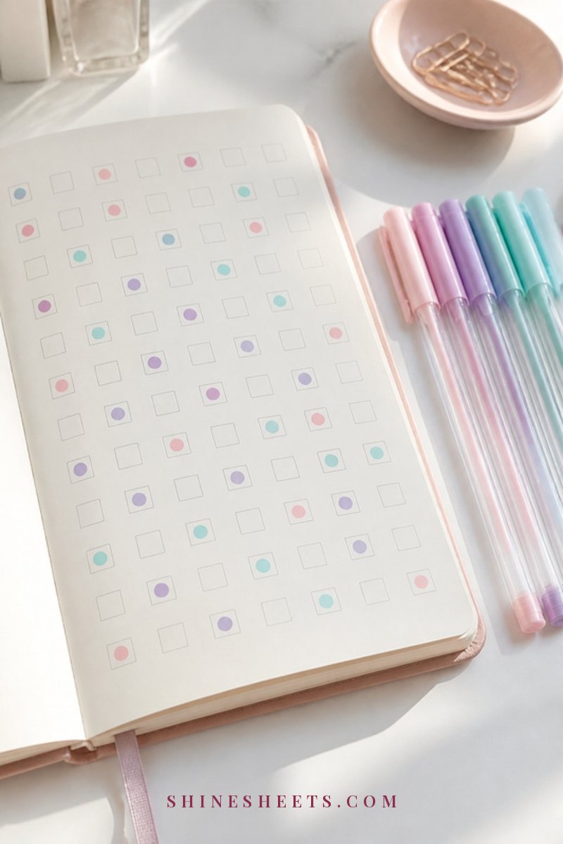 Open cream planner with soft illegible pastel marks in small boxes and a row of pastel gel pens on a white desk