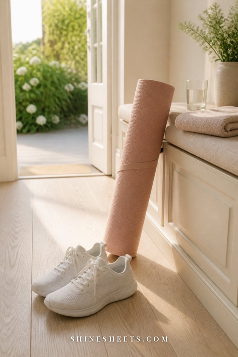 Pair of women's white sneakers and a rolled blush yoga mat by a sunny doorway with a glass of water on a small bench