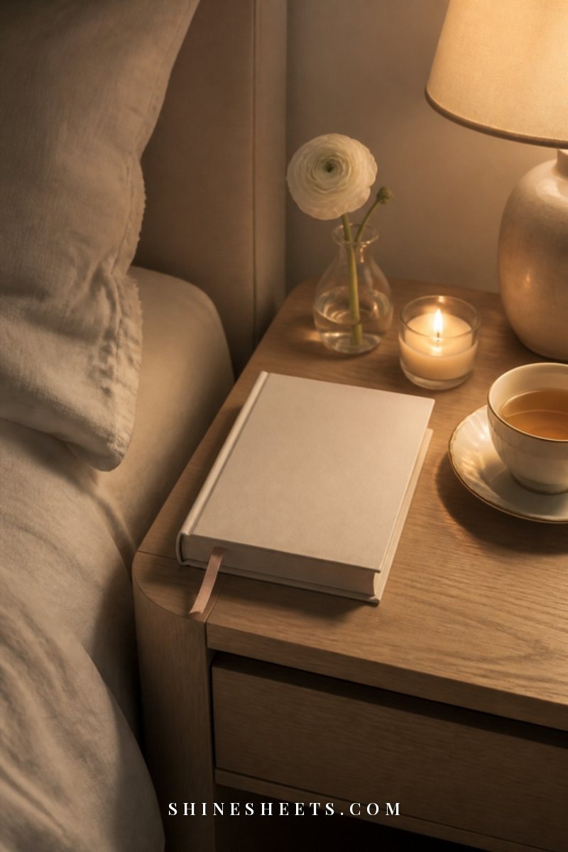 Single book with a ribbon bookmark on a light wood nightstand beside a cup of tea and a small glass candle in soft lamp light