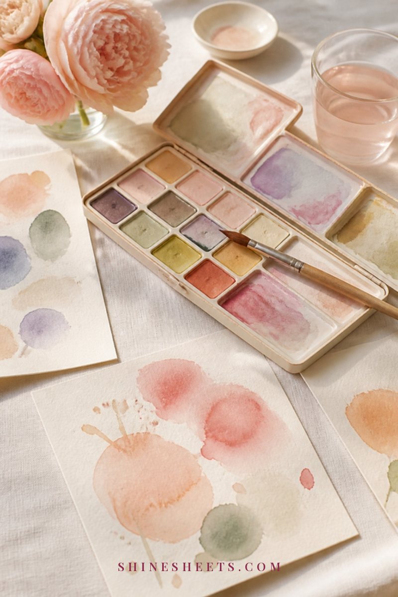Open watercolor paint palette with soft pastel colors, a brush and loose painted paper swatches on a white linen table