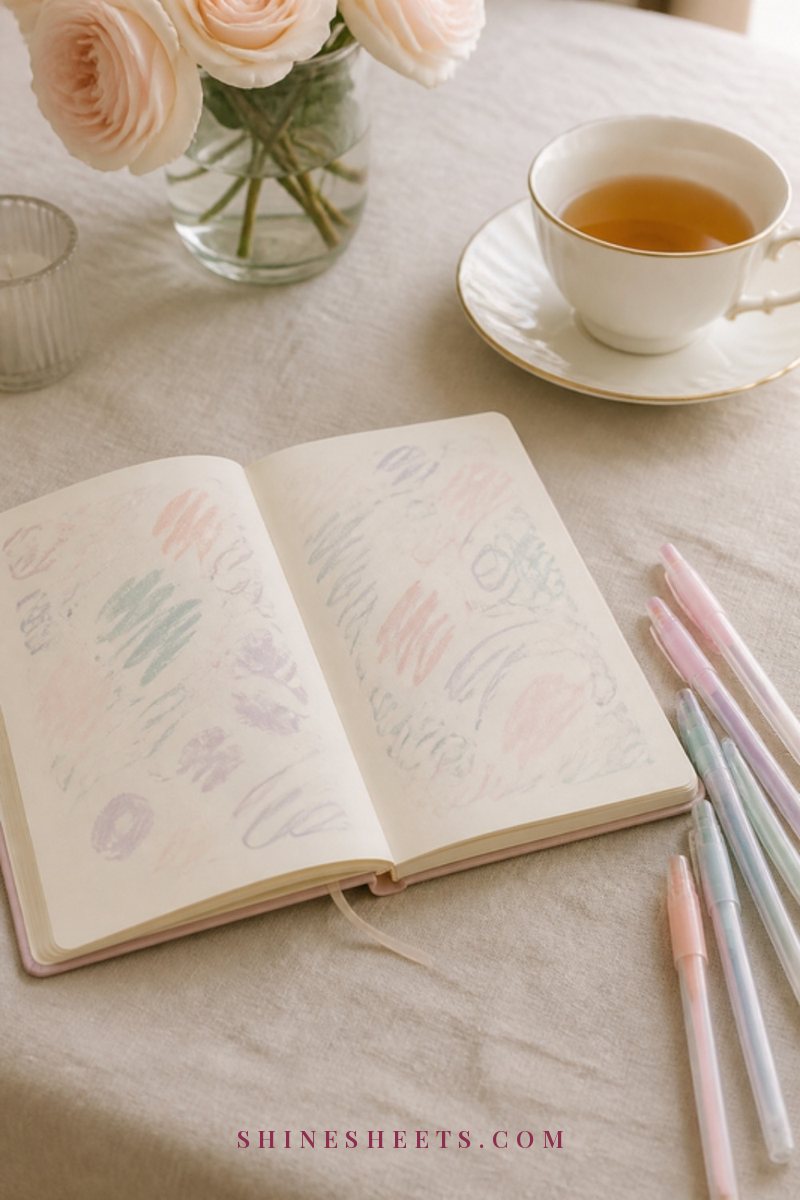 Small cream notebook open on a linen tablecloth with a set of pastel gel pens and a cup of tea