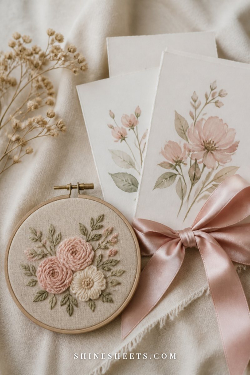 Small finished floral embroidery hoop and hand-painted watercolor cards arranged on a cream linen tablecloth