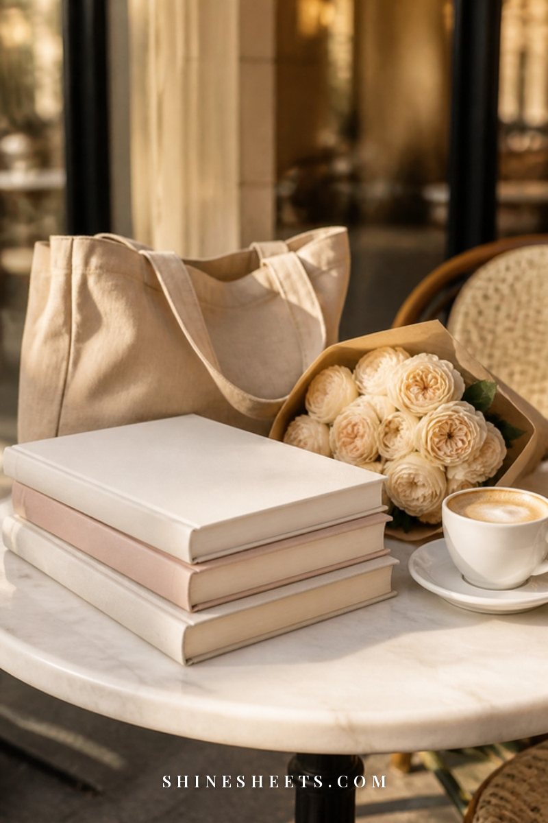 Stack of art books, a linen tote and a small bouquet of cream roses on a sunny café table