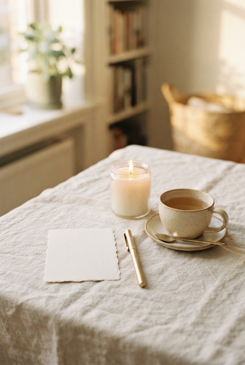 Small cream card on a linen tablecloth beside a gold pen, a lit candle in a clear glass jar and a cup of tea in warm evening light