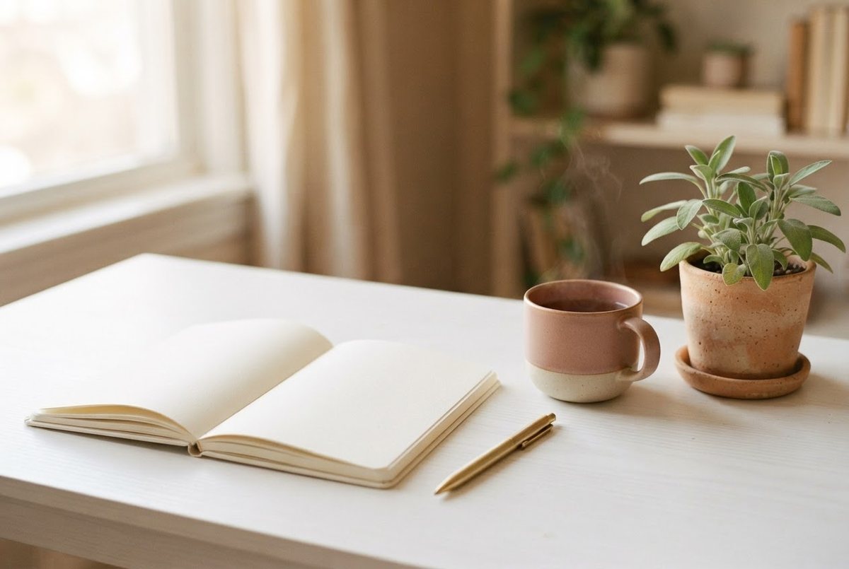Open cream weekly planner with a gold pen, a cup of tea and a small sage plant on a white desk in soft morning light