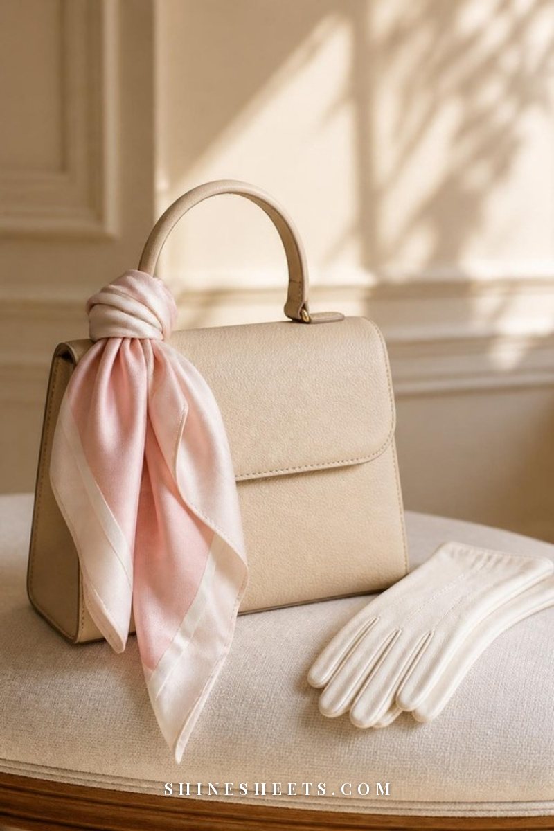 Blush silk scarf loosely knotted on the handle of a structured beige handbag on a cream bench