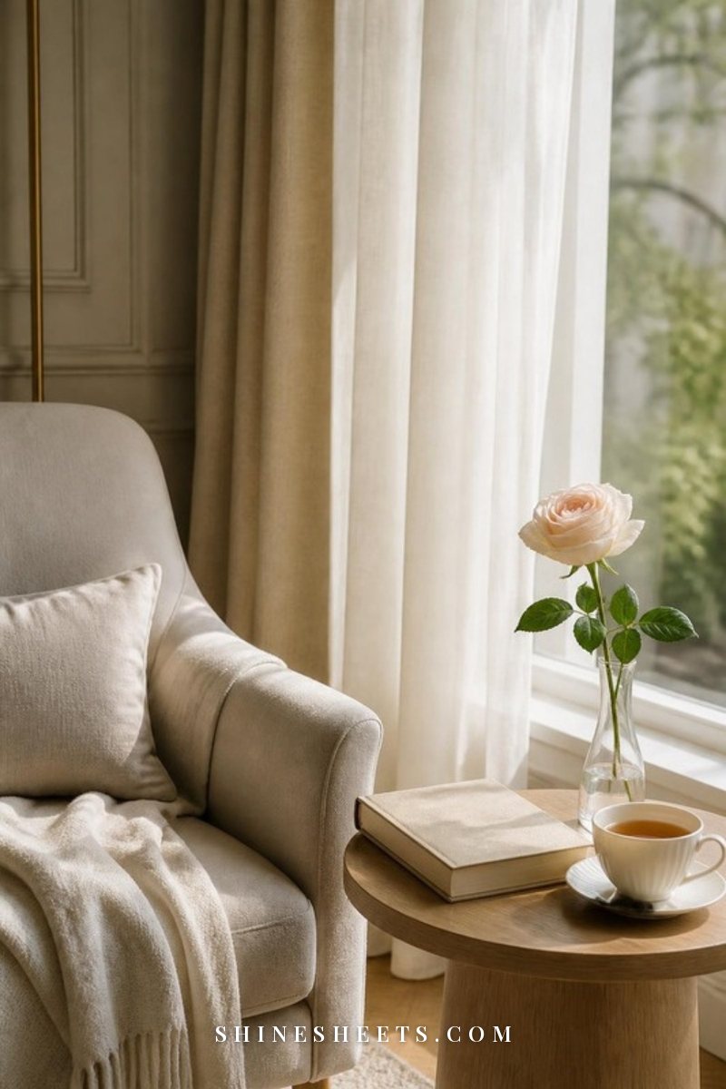 Cream linen armchair by a sunny window with a hardcover book and a cup of tea on a small side table