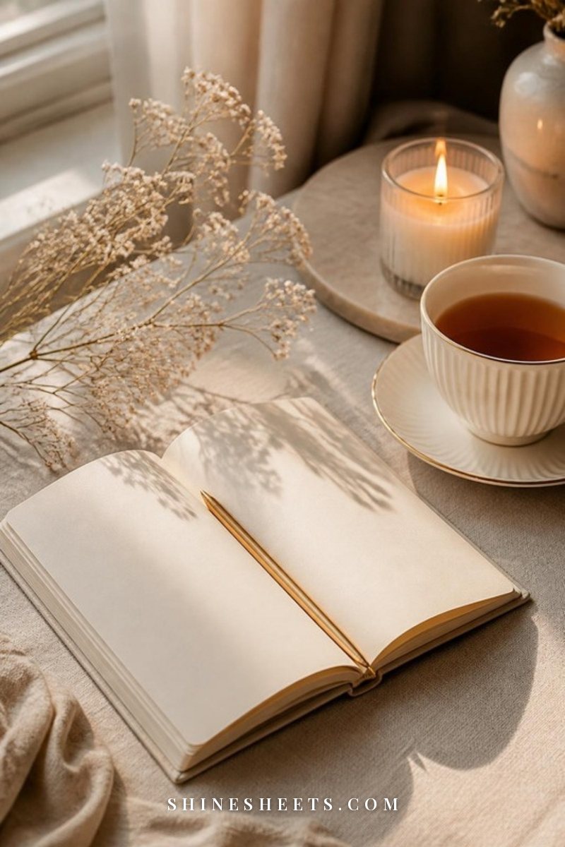 Open blank cream journal with a gold pen, a cup of tea and a glass candle on a linen tablecloth
