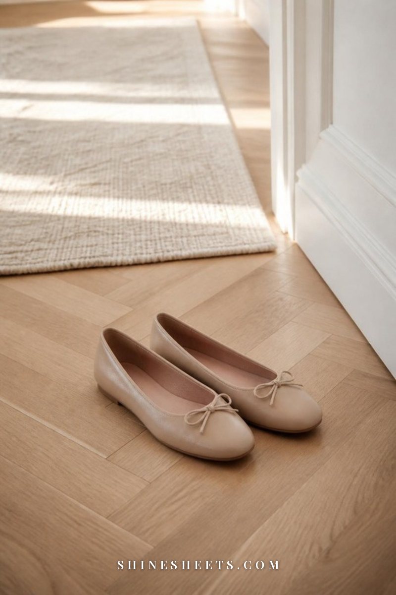 Pair of beige leather women's ballet flats on a pale oak floor in a sunlit hallway