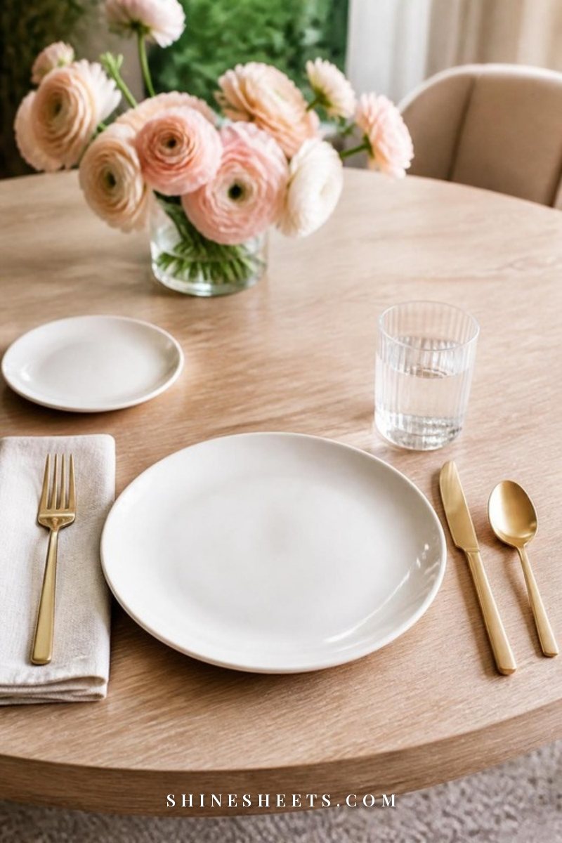 Simple elegant place setting with a cream linen napkin, white plate, gold cutlery and a water glass