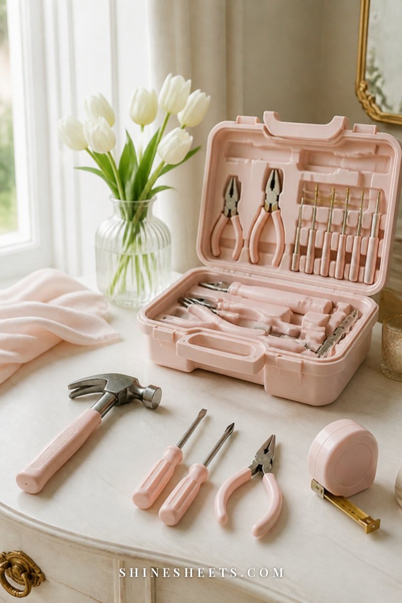 Blush pink tool kit open on a cream wooden table with a small hammer, screwdrivers and a measuring tape