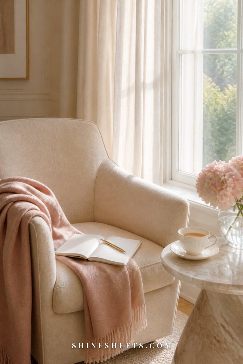 Cream linen armchair by a sunny window with an open journal, a cup of tea and a blush throw blanket
