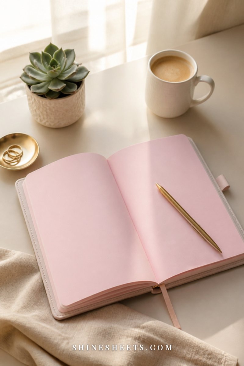 Open blank budget planner with a gold pen, a cup of coffee and a small succulent on a cream desk