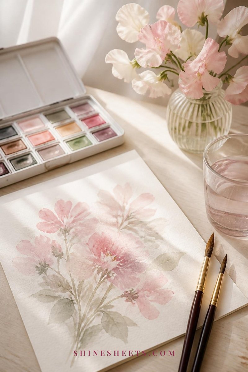 Beginner watercolor paint set, a glass of water, two brushes and a sheet of paper with a soft blush floral wash on a cream desk