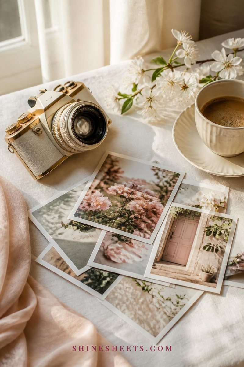 Cream film camera on a white linen tablecloth beside a few soft-focus photo prints of flowers and a sunlit window