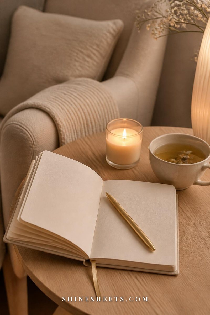 Open cream book journal with blank pages, a gold pen, a lit glass candle and a cup of evening tea on a wooden side table