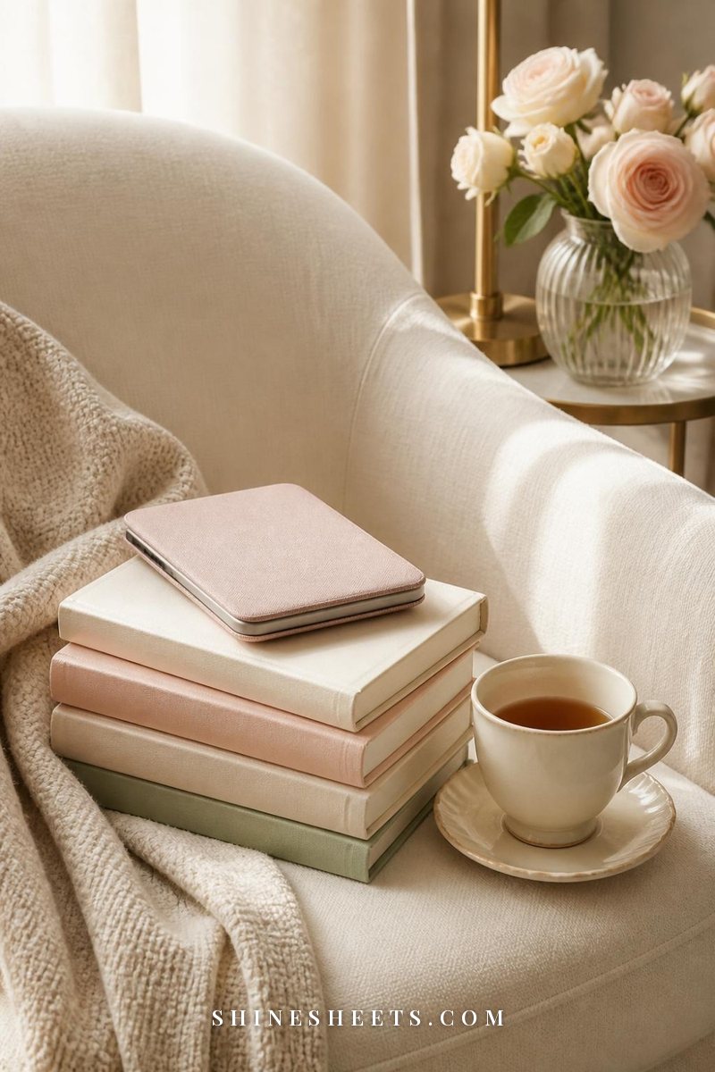 Stack of books with cream and blush covers, a closed e-reader in a pastel pink case and a cup of tea on a linen armchair
