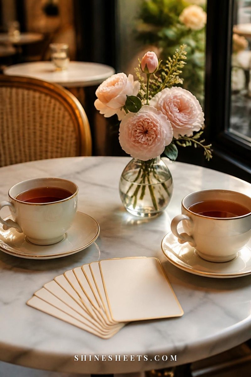 Two cups of tea, a small vase of blush roses and a fanned deck of blank cream conversation cards on a marble café table