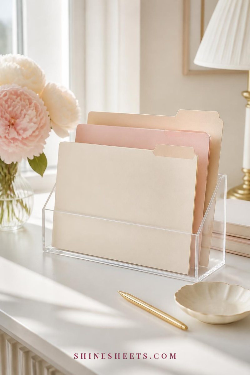 Clear acrylic file holder with cream and blush folders standing upright on a white desk