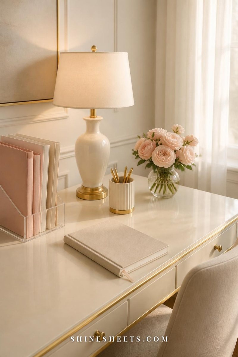 Freshly reset cream desk with neatly filed folders, a closed notebook, a lamp and a small vase of blush flowers