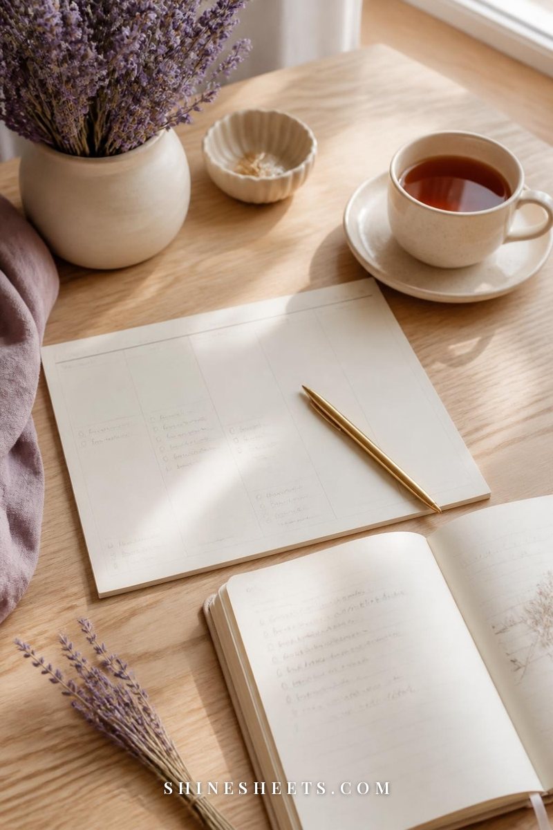 Open cream notebook with a blank weekly planner pad, a gold pen and a cup of tea on a light desk