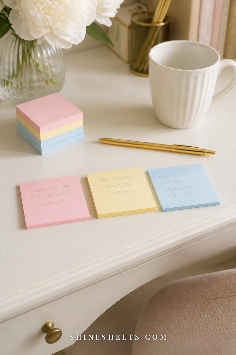 Pastel pink, yellow and blue sticky notes with soft illegible scribbles lined up on the edge of a cream desk