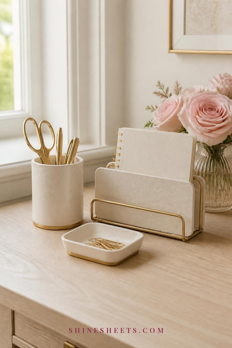 Tidy cream desk with a cream and gold desk organizer set holding pens, scissors and a notebook in soft daylight