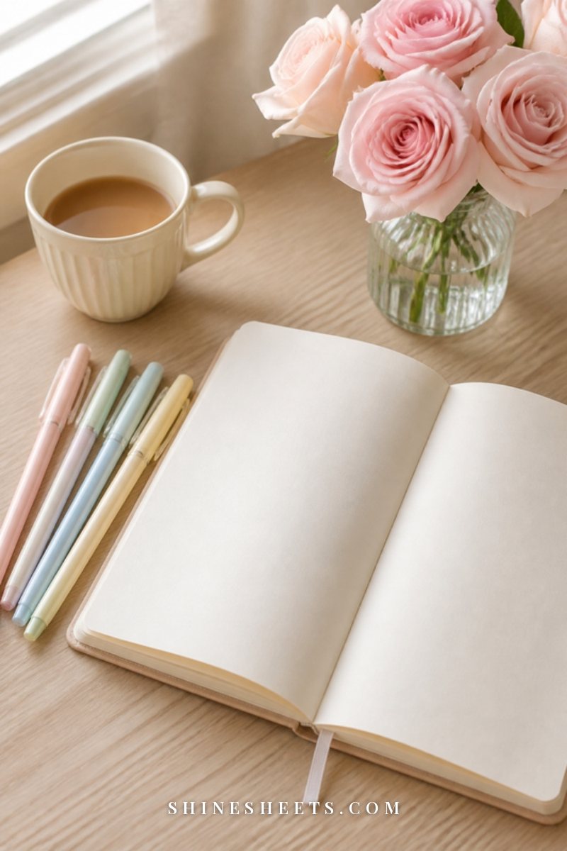 Blank cream linen notebook open beside pastel gel pens, a ceramic tea mug and a small vase of blush roses on a wooden desk
