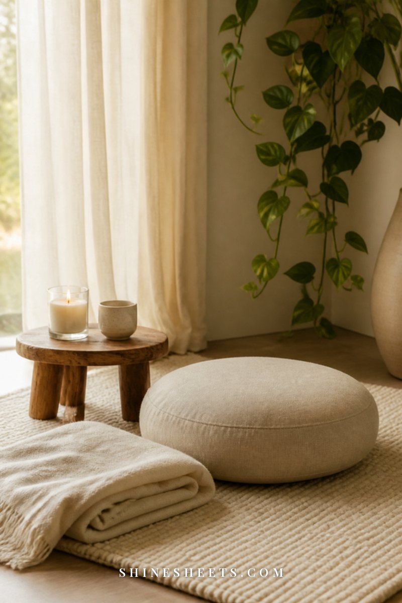 Calm meditation corner with a beige floor cushion, a folded cream throw, a lit glass candle and a small ceramic tea mug in soft daylight