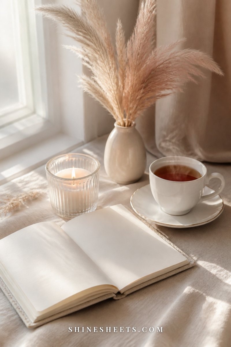 Open cream linen notebook, a cup of tea and a lit glass candle on a beige linen tablecloth in soft morning light