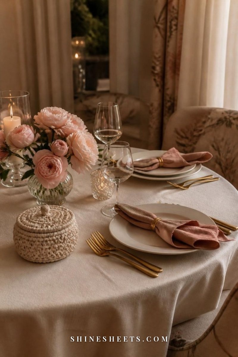 A cream woven basket with a lid on a dining table set with two linen napkins, ceramic plates and a small vase of blush flowers