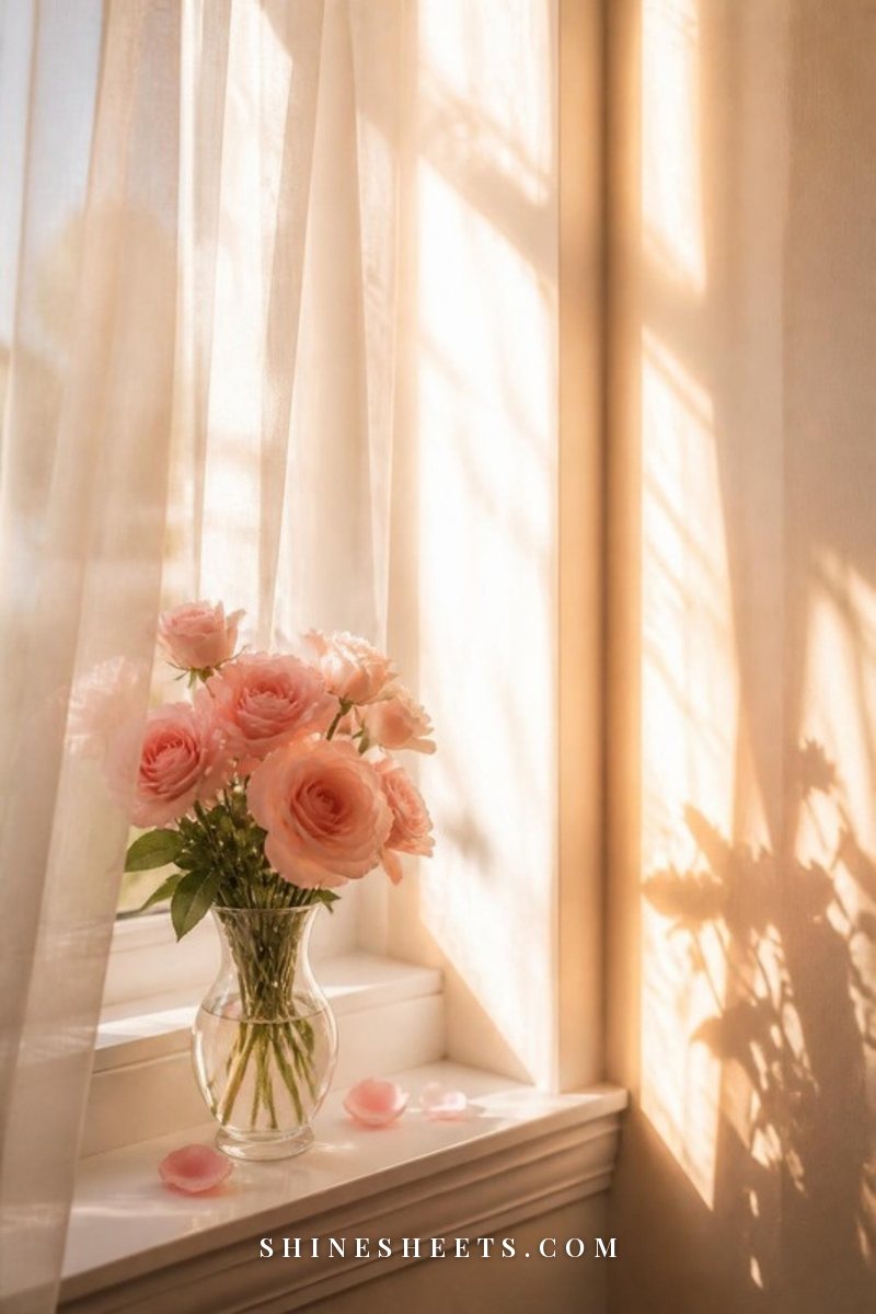 Golden afternoon sunlight falling across a small vase of pale pink roses on a white windowsill with sheer linen curtains