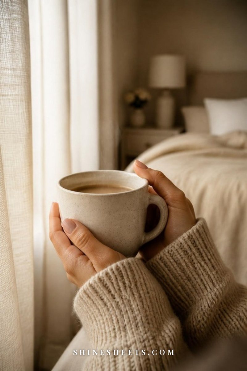 Hands holding a cream ceramic mug of coffee beside a sunlit window with a soft beige knit sleeve