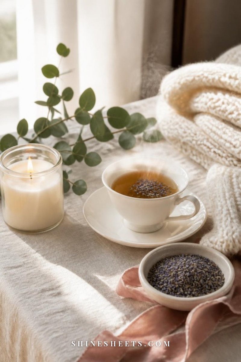 Still life of a lit glass jar candle, a cup of tea, a sprig of eucalyptus and a cream knit throw on a linen table