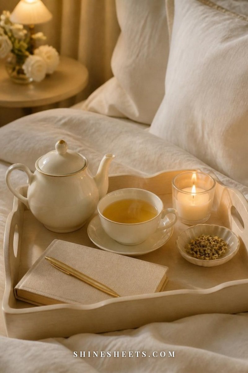 A white porcelain teapot and cup, a lit glass candle and a closed linen journal on a cream tray in warm evening light