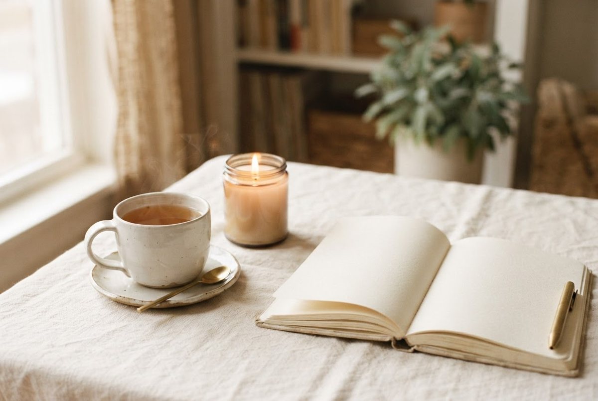 Cup of chamomile tea, a lit glass candle and an open journal on a cream linen tablecloth in soft light