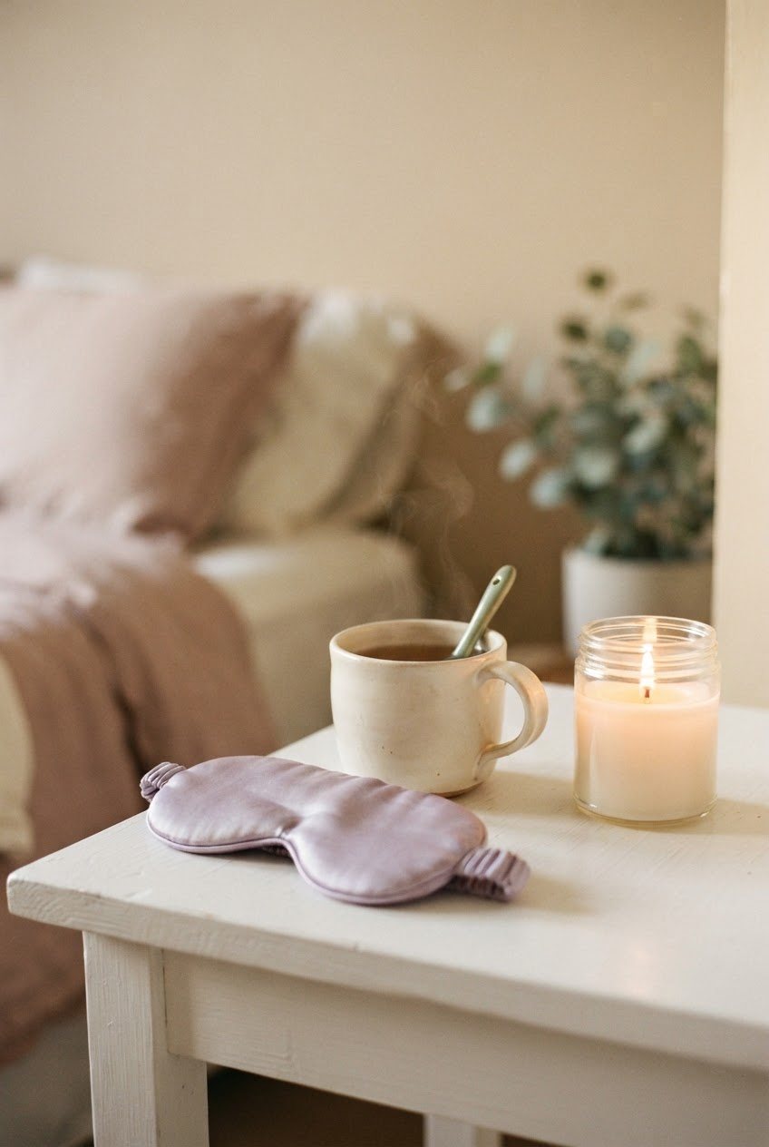 Lavender silk eye mask, a cream mug of tea and a glass candle on a white bedside table in evening light