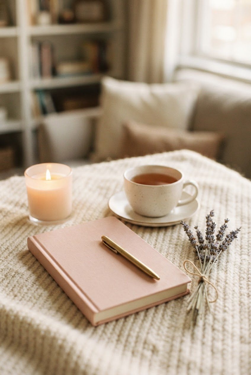 Blush hardcover journal, a pen and a cup of tea beside a softly lit glass candle and a sprig of dried lavender on a cream blanket