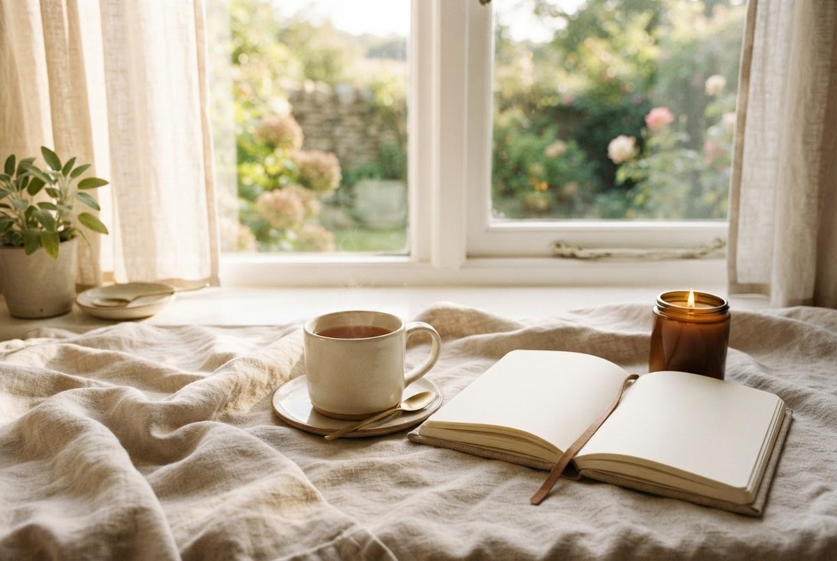 Cream ceramic mug of tea, an open blank journal and a lit glass candle on a soft beige linen blanket by a window