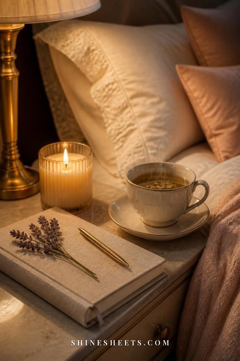 A bedside table at night with a glowing glass candle, a cup of herbal tea and a closed linen journal