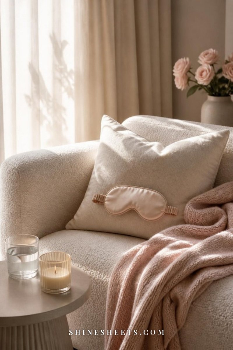 A cream sofa with a soft blush throw, a silk eye mask and a cushion ready for a short afternoon nap